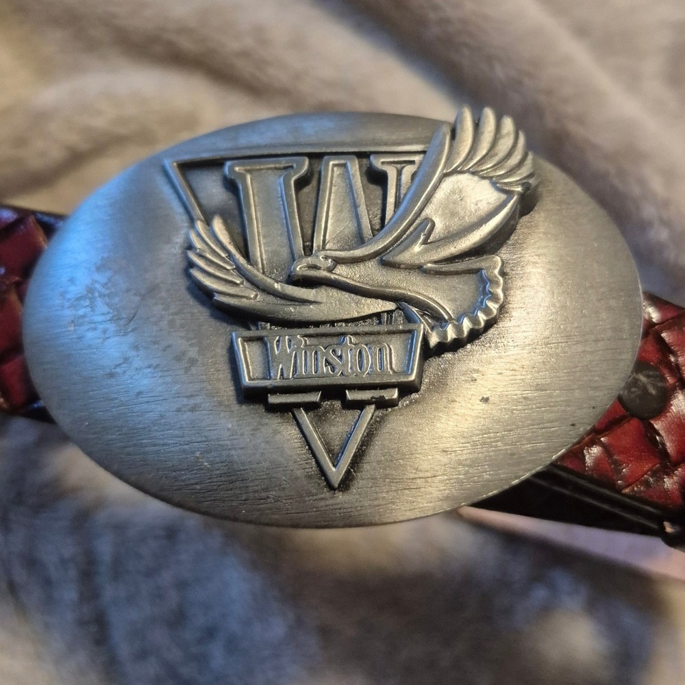 Vintage Winston Eagle Belt Buckle Hand Stained Bridle Leather Basketweave 36 38